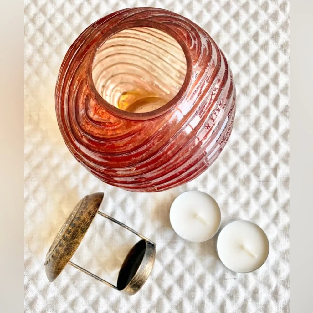 New Cranberry & Gold Textured Glass Holiday Tea Light Candle Holder +2 Tealights